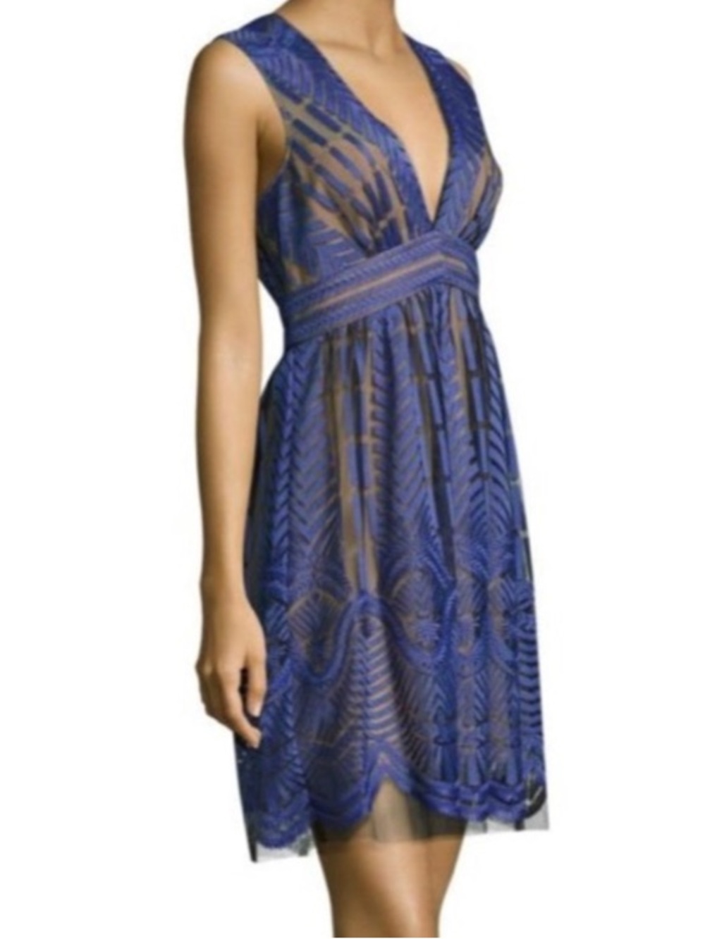 BCBGMaxAzria Kellyn Royal Blue Embroidered V-Neck Mesh Illusion Mini Dress 12